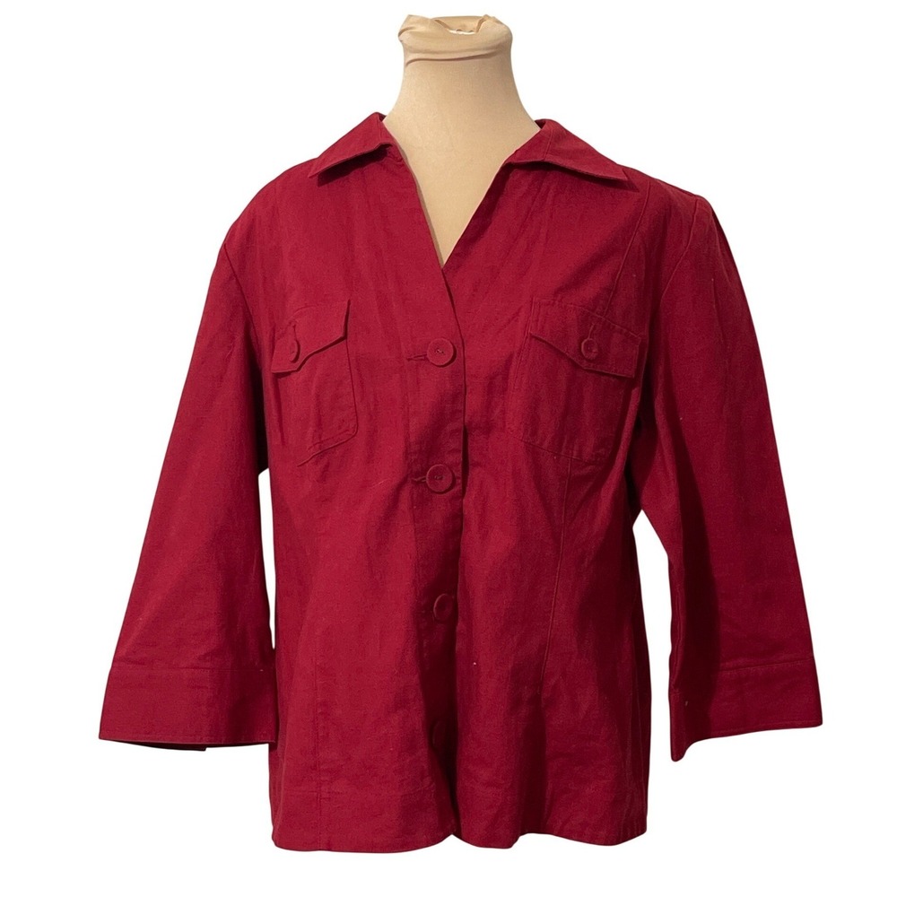 Northern Reflections  Red Linen Blend Minimalist Casual 3/4 Sleeve‎ Shirt XL